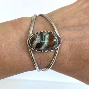 Sterling Silver 925 Oval Bloodstone Jasper Split Band Cuff Bracelet Sz 6.5"